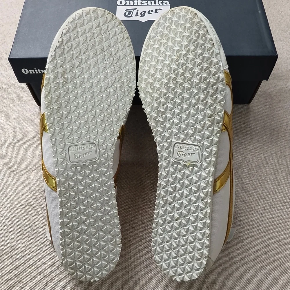 Onitsuka Tiger by Asics Women's White Sneakers with Metallic Gold Stripes
